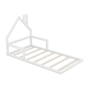 English Elm Twin House-Shaped Floor Bed for Kids Twin Size Pine Wood Frame with Playful Headboard, Stylish Decor & Sturdy Support White WF304145AAK