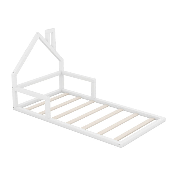 English Elm Twin House-Shaped Floor Bed for Kids Twin Size Pine Wood Frame with Playful Headboard, Stylish Decor & Sturdy Support White WF304145AAK