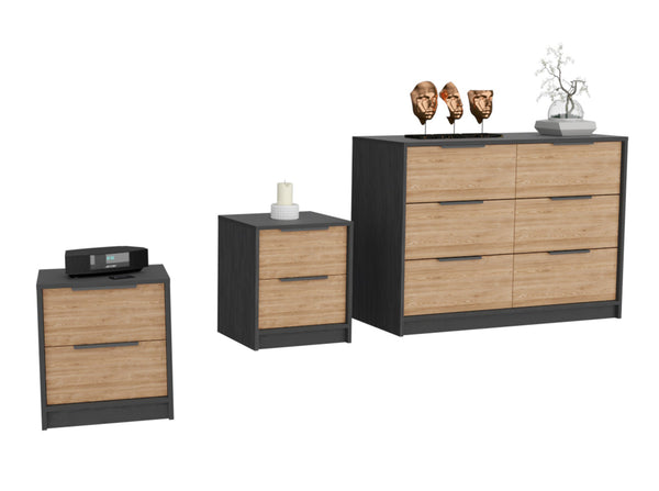 English Elm 3-Piece Bedroom Set: Stylish Wenge & Pine Dresser With Two Nightstands For Organized Living Space B062S00220