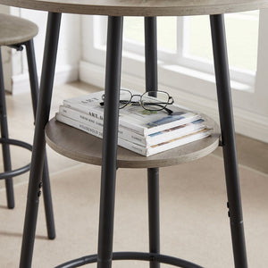English Elm Round Bar Table Set with Two Pu Leather Stools Steel Frame Kitchen Pub Dining Grey W1162101846