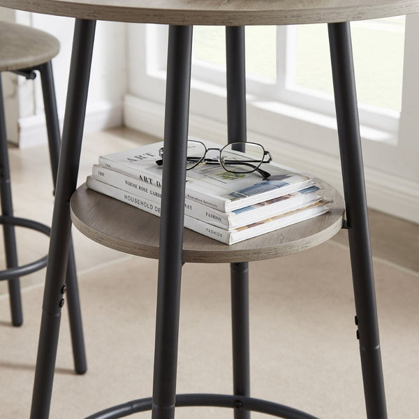 English Elm Round Bar Table Set with Two Pu Leather Stools Steel Frame Kitchen Pub Dining Grey W1162101846