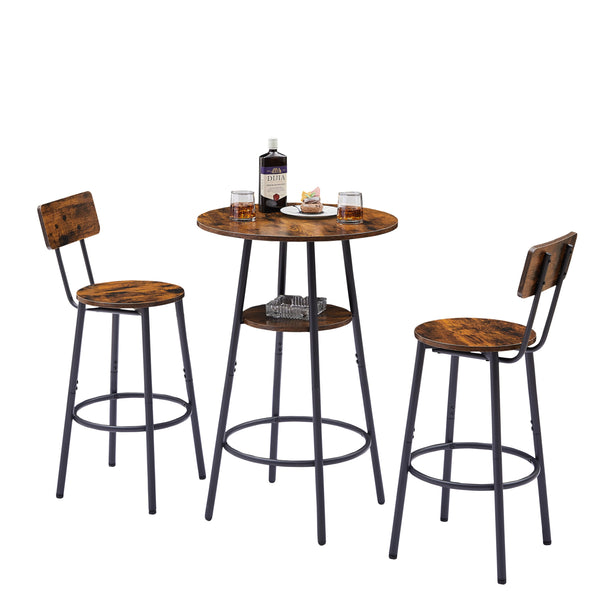 English Elm Round bar stool set with shelves & backrest, Rustic Brown 3-piece bar table set, comfy support, sturdy stability W116294524