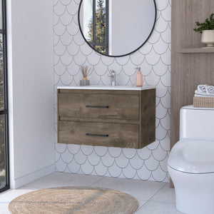 English Elm Lafayette Wall-Mounted Bathroom Vanity 2-Drawer Dark Brown & White, Space-Saving Storage Solution B062S00243