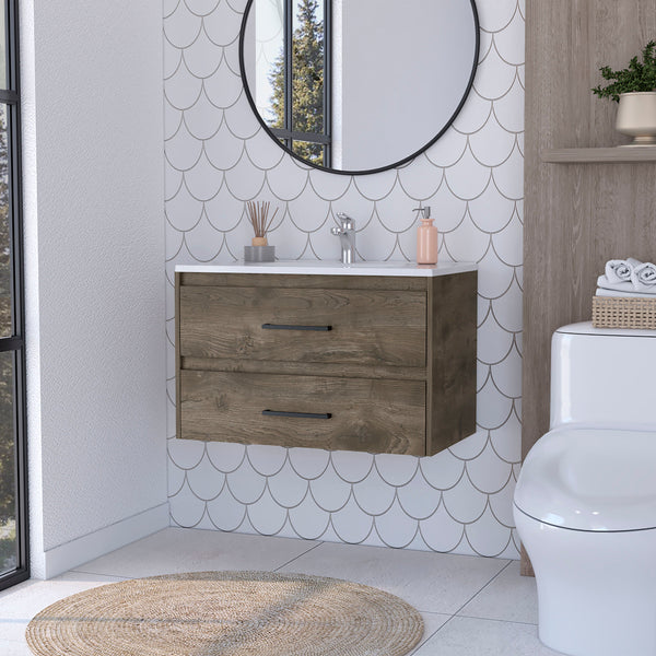 English Elm Lafayette Wall-Mounted Bathroom Vanity 2-Drawer Dark Brown & White, Space-Saving Storage Solution B062S00243