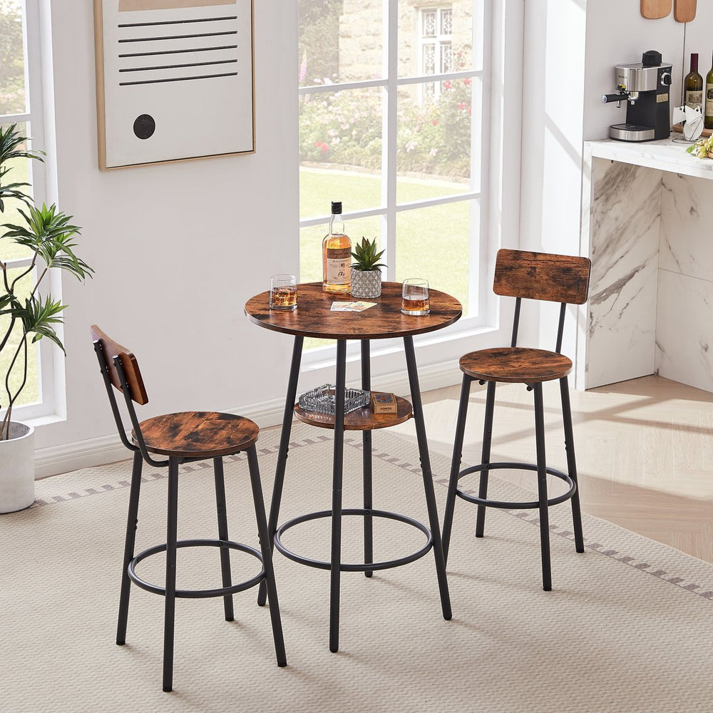 English Elm Round bar stool set with shelves & backrest, Rustic Brown 3-piece bar table set, comfy support, sturdy stability W116294524