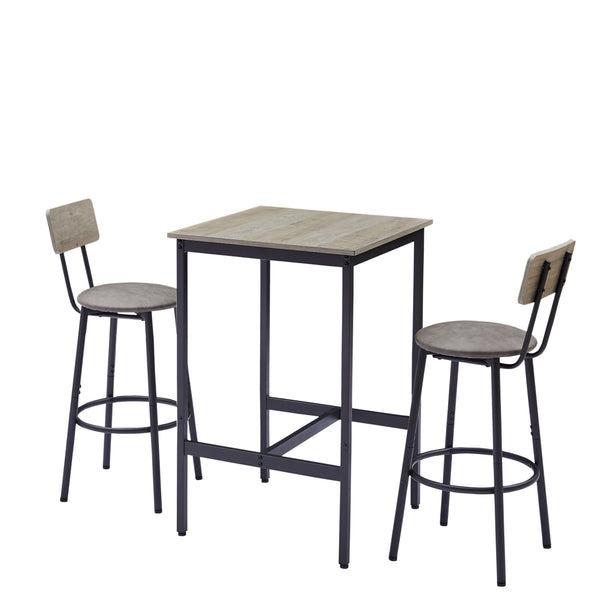 English Elm Bar Table Set with 2 Bar Stools PU Cushioned Backrests Space-Saving Vintage Woodgrain Top Enduring Stability and Comfort Grey W1162104644