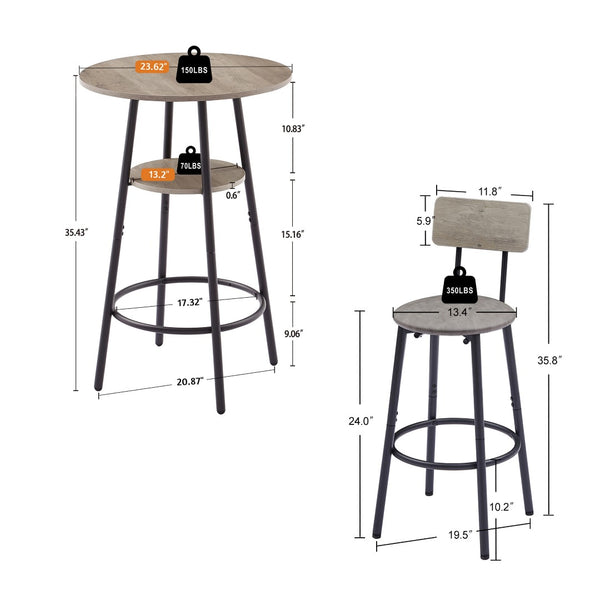 English Elm Round Bar Table Set with Two Pu Leather Stools Steel Frame Kitchen Pub Dining Grey W1162101846