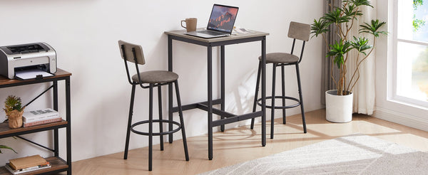 English Elm Bar Table Set with 2 Bar Stools PU Cushioned Backrests Space-Saving Vintage Woodgrain Top Enduring Stability and Comfort Grey W1162104644