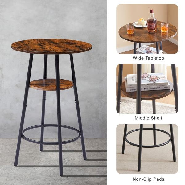 English Elm Round Bar Table Set with Two Pu Leather Stools Steel Frame Kitchen Pub Dining Rustic Brown W1162101847