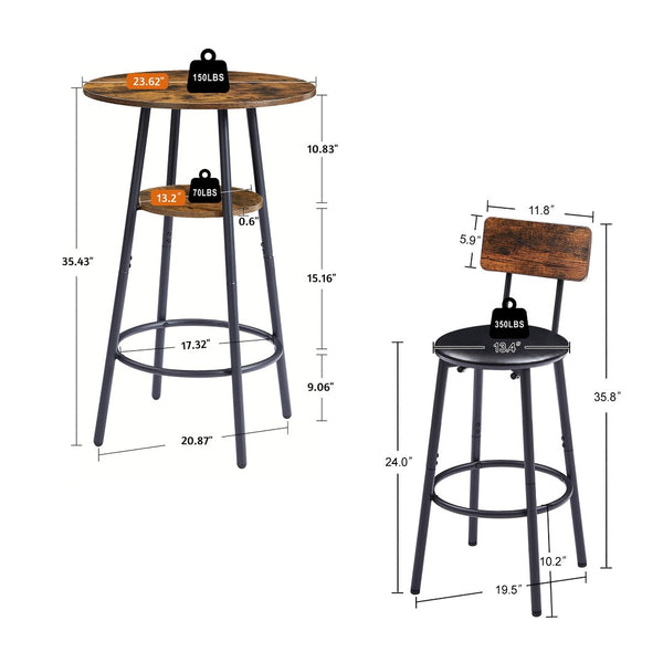 English Elm Round Bar Table Set with Two Pu Leather Stools Steel Frame Kitchen Pub Dining Rustic Brown W1162101847