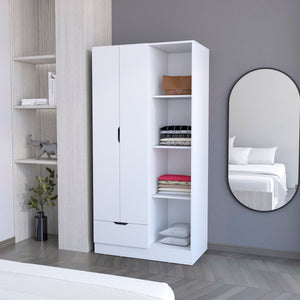 English Elm Cimarron Elegant 2-Door White Armoire with Drawer, 4 Shelves & Hanging Rod for Compact Spaces B062S00244