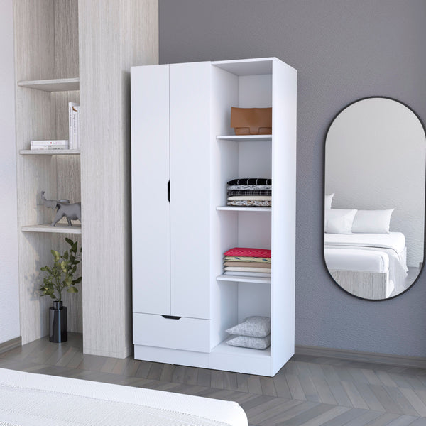 English Elm Cimarron Elegant 2-Door White Armoire with Drawer, 4 Shelves & Hanging Rod for Compact Spaces B062S00244
