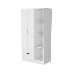 English Elm Cimarron Elegant 2-Door White Armoire with Drawer, 4 Shelves & Hanging Rod for Compact Spaces B062S00244