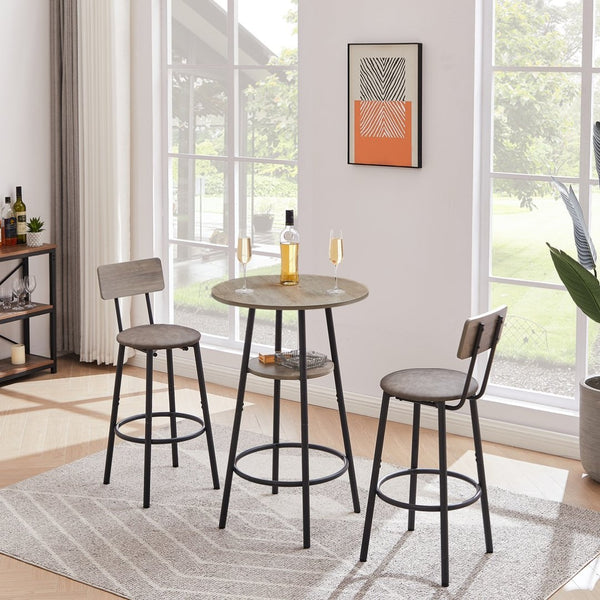 English Elm Round Bar Table Set with Two Pu Leather Stools Steel Frame Kitchen Pub Dining Grey W1162101846