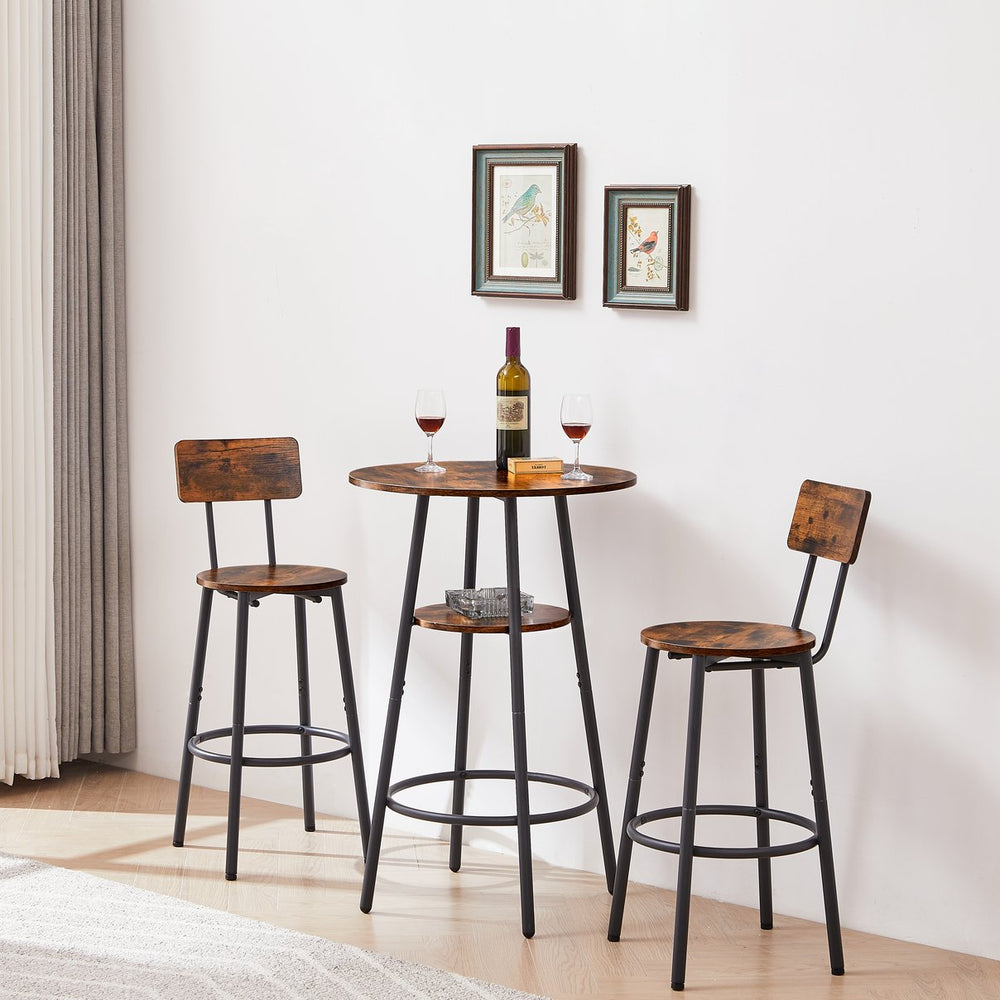 English Elm Round bar stool set with shelves & backrest, Rustic Brown 3-piece bar table set, comfy support, sturdy stability W116294524