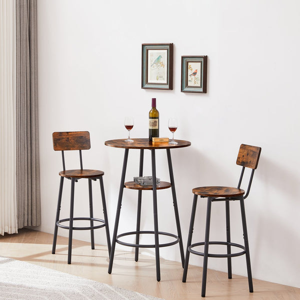 English Elm Round bar stool set with shelves & backrest, Rustic Brown 3-piece bar table set, comfy support, sturdy stability W116294524