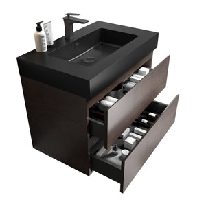 English Elm Alice 30" Walnut Floating Bathroom Vanity With Black Sink, Modern Design, Pre-Assembled Storage Solution W1865S00008