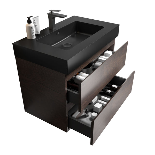 English Elm Alice 30" Walnut Floating Bathroom Vanity With Black Sink, Modern Design, Pre-Assembled Storage Solution W1865S00008