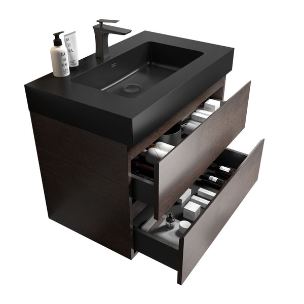 English Elm Alice Floating Bathroom Vanity Rosewood Finish Engineered Stone Basin Triple Drawer W1865S00232