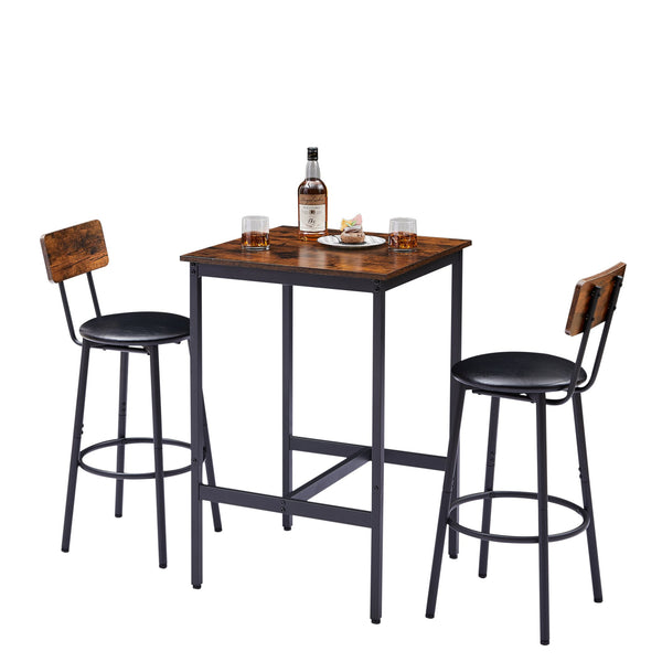English Elm Bar Table Set with 2 Bar Stools PU Cushioned Backrests Space-Saving Vintage Woodgrain Top Enduring Stability and Comfort Rustic Brown W1162104643
