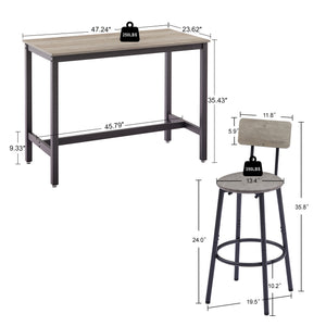 English Elm Bar Table Set with 4 PU Backrest Stools, Grey – Spacious 47.24"x23.62" Top, Thick Steel Frame, Cozy Seats W1162102876