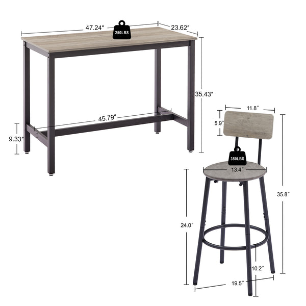 English Elm Bar Table Set with 4 PU Backrest Stools, Grey – Spacious 47.24"x23.62" Top, Thick Steel Frame, Cozy Seats W1162102876