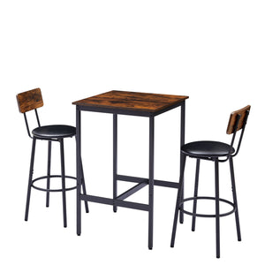 English Elm Bar Table Set with 2 Bar Stools PU Cushioned Backrests Space-Saving Vintage Woodgrain Top Enduring Stability and Comfort Rustic Brown W1162104643