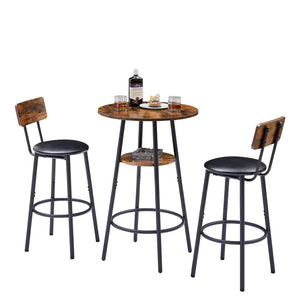 English Elm Round Bar Table Set with Two Pu Leather Stools Steel Frame Kitchen Pub Dining Rustic Brown W1162101847
