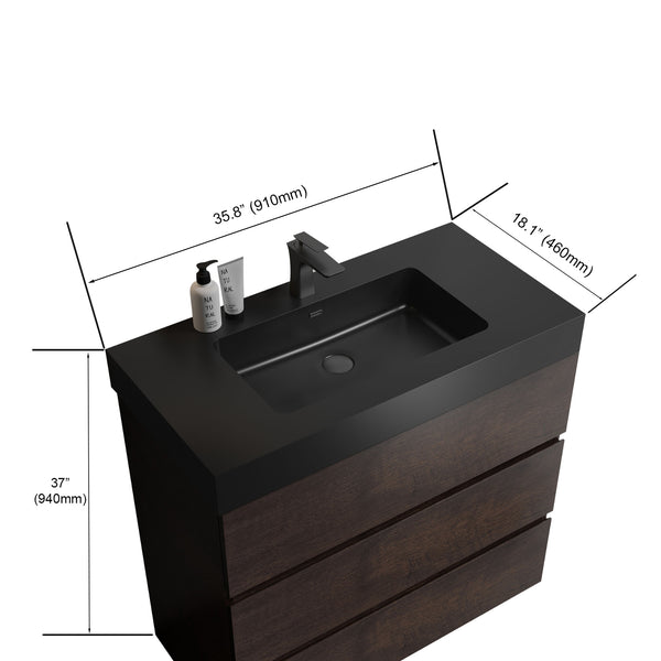 English Elm Alice 36" Walnut Bathroom Vanity With Black Sink, Freestanding Storage Unit For Modern Spaces W1865S00012