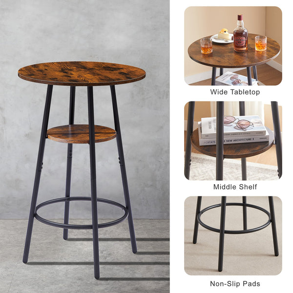 English Elm Round bar stool set with shelves & backrest, Rustic Brown 3-piece bar table set, comfy support, sturdy stability W116294524
