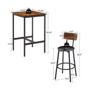 English Elm Bar Table Set with 2 Bar Stools PU Cushioned Backrests Space-Saving Vintage Woodgrain Top Enduring Stability and Comfort Rustic Brown W1162104643