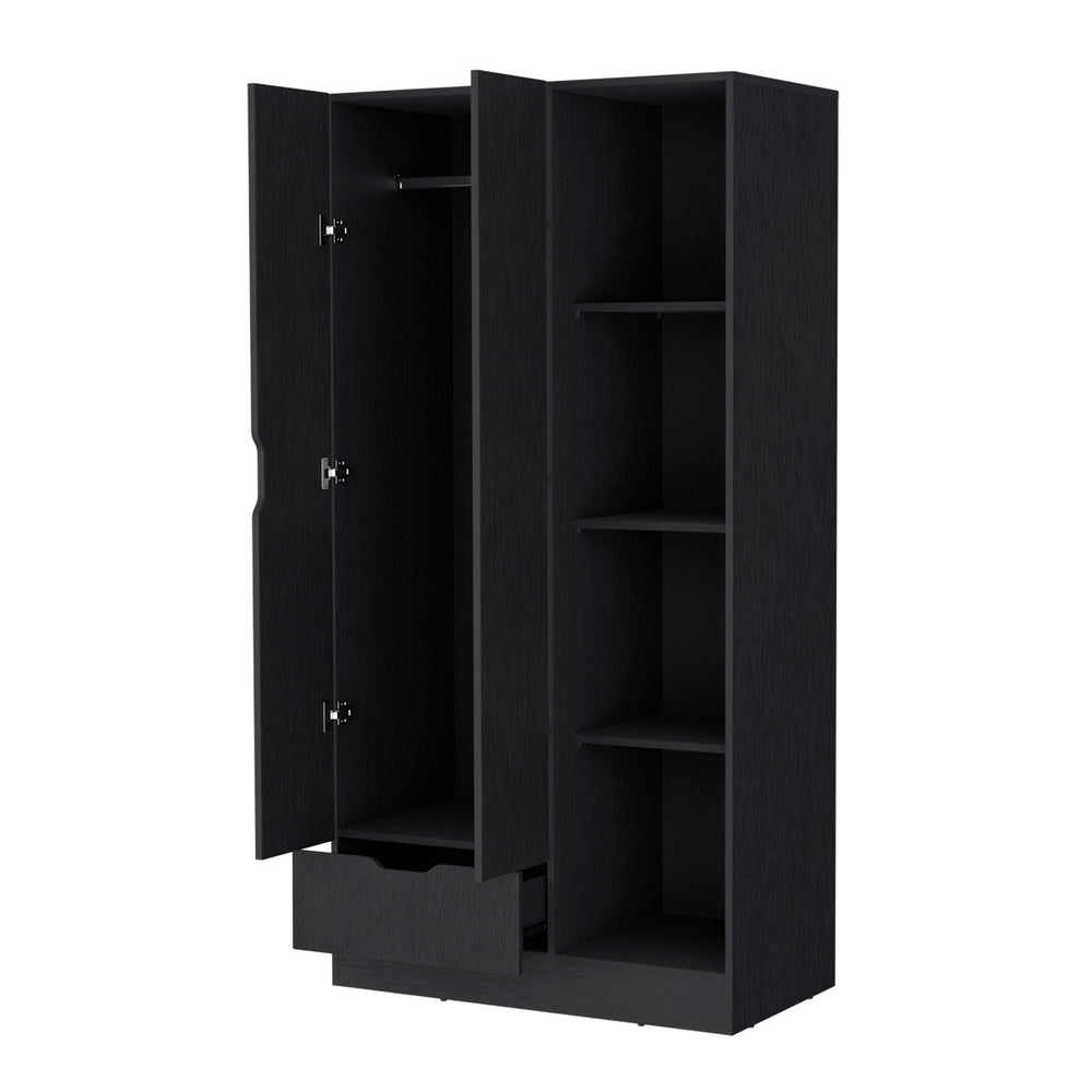 English Elm 2-Door Wenge Armoire Cabinet with Hanging Rod, 4 Shelves & Drawer for Compact Bedroom Storage B062S00245