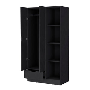 English Elm 2-Door Wenge Armoire Cabinet with Hanging Rod, 4 Shelves & Drawer for Compact Bedroom Storage B062S00245