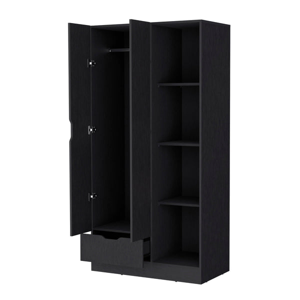 English Elm 2-Door Wenge Armoire Cabinet with Hanging Rod, 4 Shelves & Drawer for Compact Bedroom Storage B062S00245