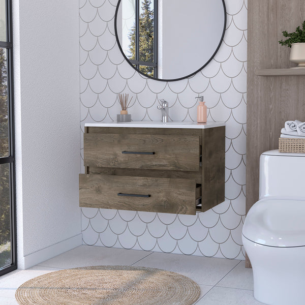 English Elm Lafayette Wall-Mounted Bathroom Vanity 2-Drawer Dark Brown & White, Space-Saving Storage Solution B062S00243