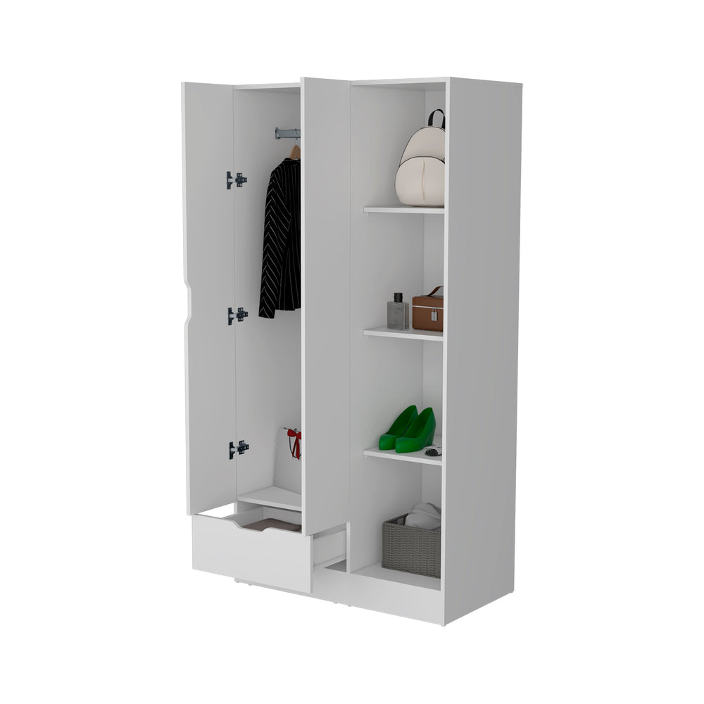 English Elm Cimarron Elegant 2-Door White Armoire with Drawer, 4 Shelves & Hanging Rod for Compact Spaces B062S00244