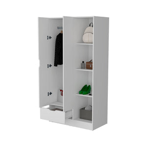 English Elm Cimarron Elegant 2-Door White Armoire with Drawer, 4 Shelves & Hanging Rod for Compact Spaces B062S00244