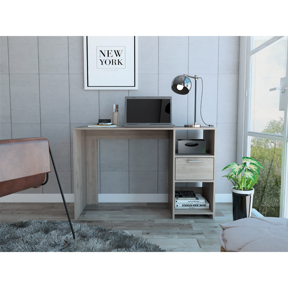 English Elm Light Gray Compact Writing Desk with 1 Drawer & 2 Shelves, Spacious Surface, Easy Assembly, Modern Home Office Centerpiece (43.3"W x 28.7"H) B062111637