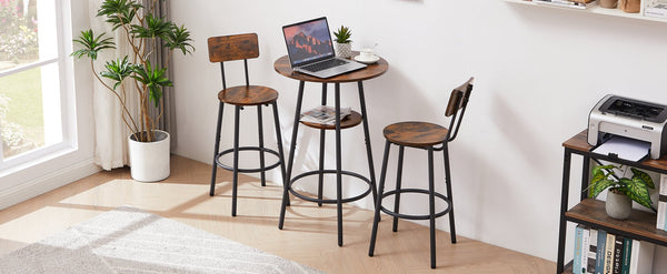 English Elm Round bar stool set with shelves & backrest, Rustic Brown 3-piece bar table set, comfy support, sturdy stability W116294524