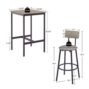 English Elm Bar Table Set with 2 Bar Stools PU Cushioned Backrests Space-Saving Vintage Woodgrain Top Enduring Stability and Comfort Grey W1162104644
