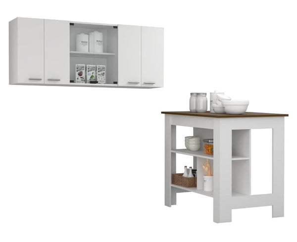 English Elm Briargate 2-Piece Kitchen Set with Island & Glass-Door Wall Cabinet, White Walnut Contrast for Storage and Style B062S00231