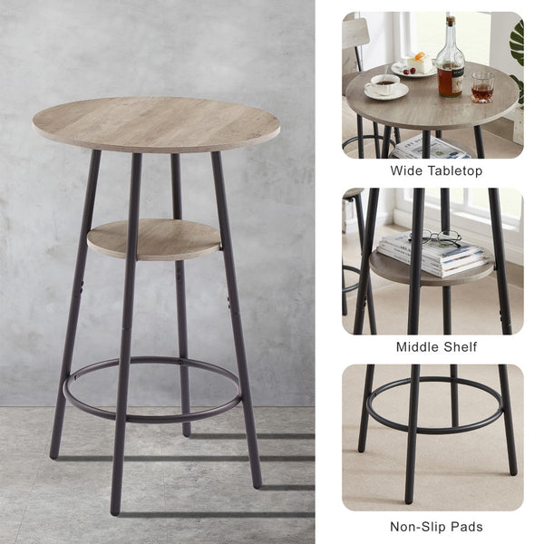 English Elm Round Bar Table Set with Two Pu Leather Stools Steel Frame Kitchen Pub Dining Grey W1162101846