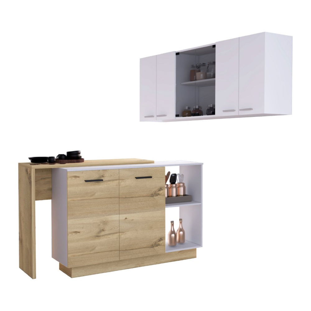 English Elm White Kitchen Set: 2-Piece Island & Wall Cabinet In White And Light Oak - Farmhouse Charm & Storage B062S00237-GIGA