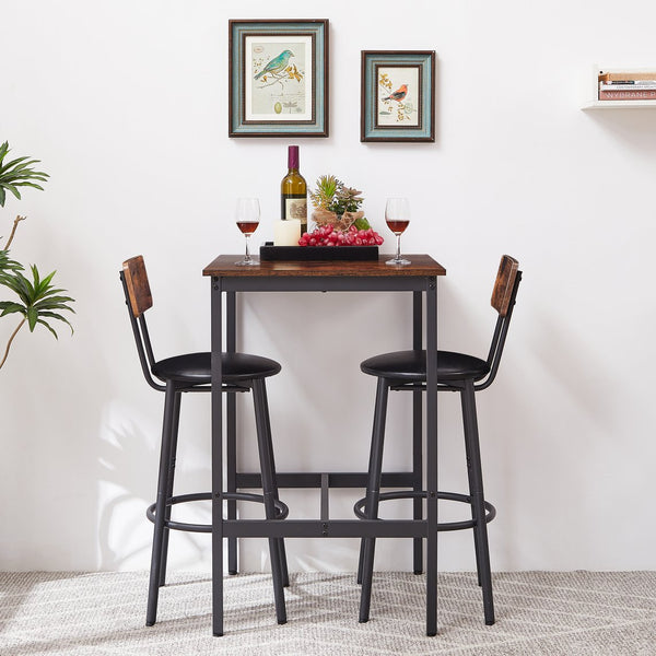 English Elm Bar Table Set with 2 Bar Stools PU Cushioned Backrests Space-Saving Vintage Woodgrain Top Enduring Stability and Comfort Rustic Brown W1162104643