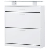 English Elm Slim Entryway Organizer With 2 Flip Drawers, Tempered Glass Top Shoe Storage Cabinet With Drawer, Free Standing Tipping Bucket Shoe Rack With Led Light For Hallway, White