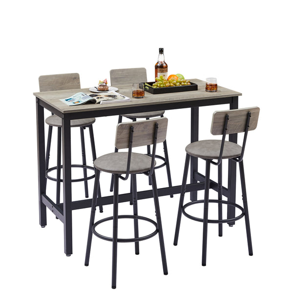 English Elm Bar Table Set with 4 PU Backrest Stools, Grey – Spacious 47.24"x23.62" Top, Thick Steel Frame, Cozy Seats W1162102876