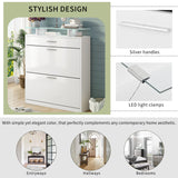 English Elm Slim Entryway Organizer With 2 Flip Drawers, Tempered Glass Top Shoe Storage Cabinet With Drawer, Free Standing Tipping Bucket Shoe Rack With Led Light For Hallway, White