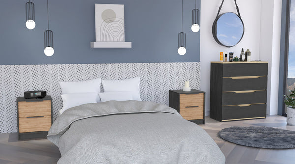 English Elm 3-Piece Modern Bedroom Set: Stylish Nightstands & Dresser In Wenge, Pine & Light Oak Finish B062S00224