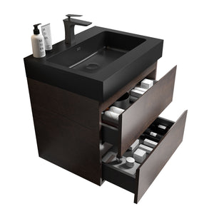 English Elm Alice 24" Walnut Bathroom Vanity - Modern Floating Design With Large Storage & Black Sink Basin W1865S00007