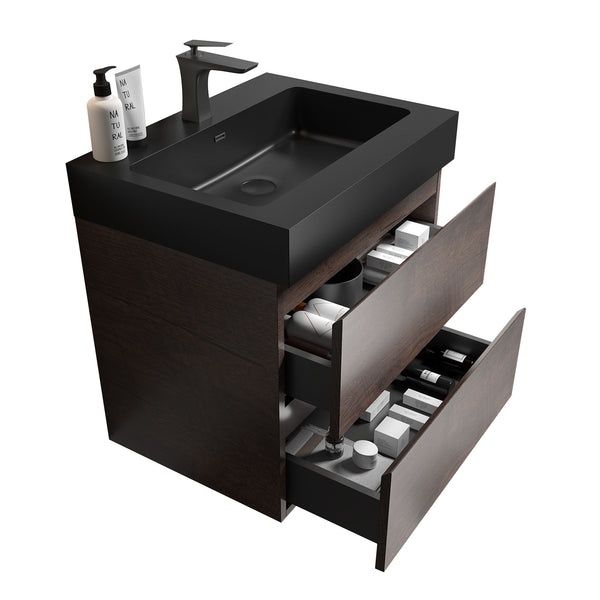 English Elm Alice 24" Walnut Bathroom Vanity - Modern Floating Design With Large Storage & Black Sink Basin W1865S00007